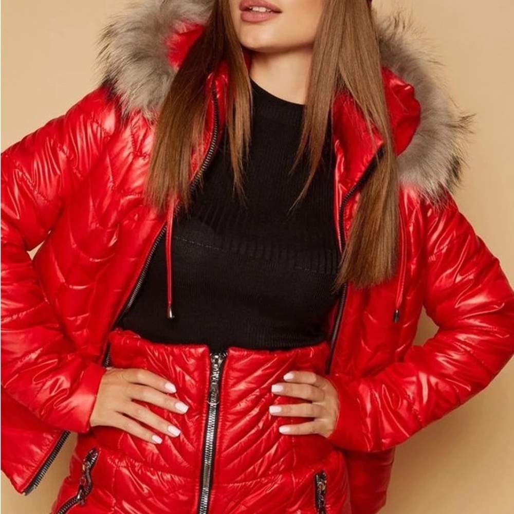Chalet Puffer coordinate set snow ski jacket & high waisted pants pink red black - Picture 15 of 16